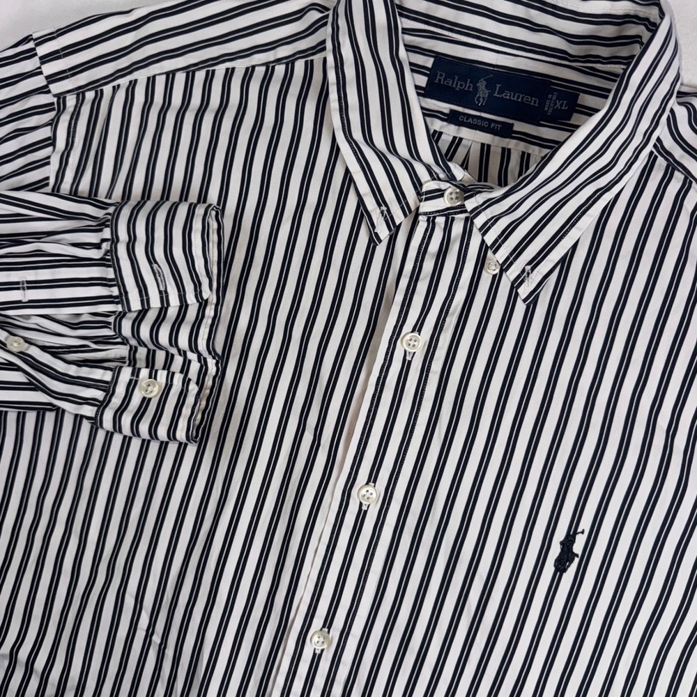 Ralph Lauren Button Down Shirt Mens XL White Black Striped Classic Fit Cotton